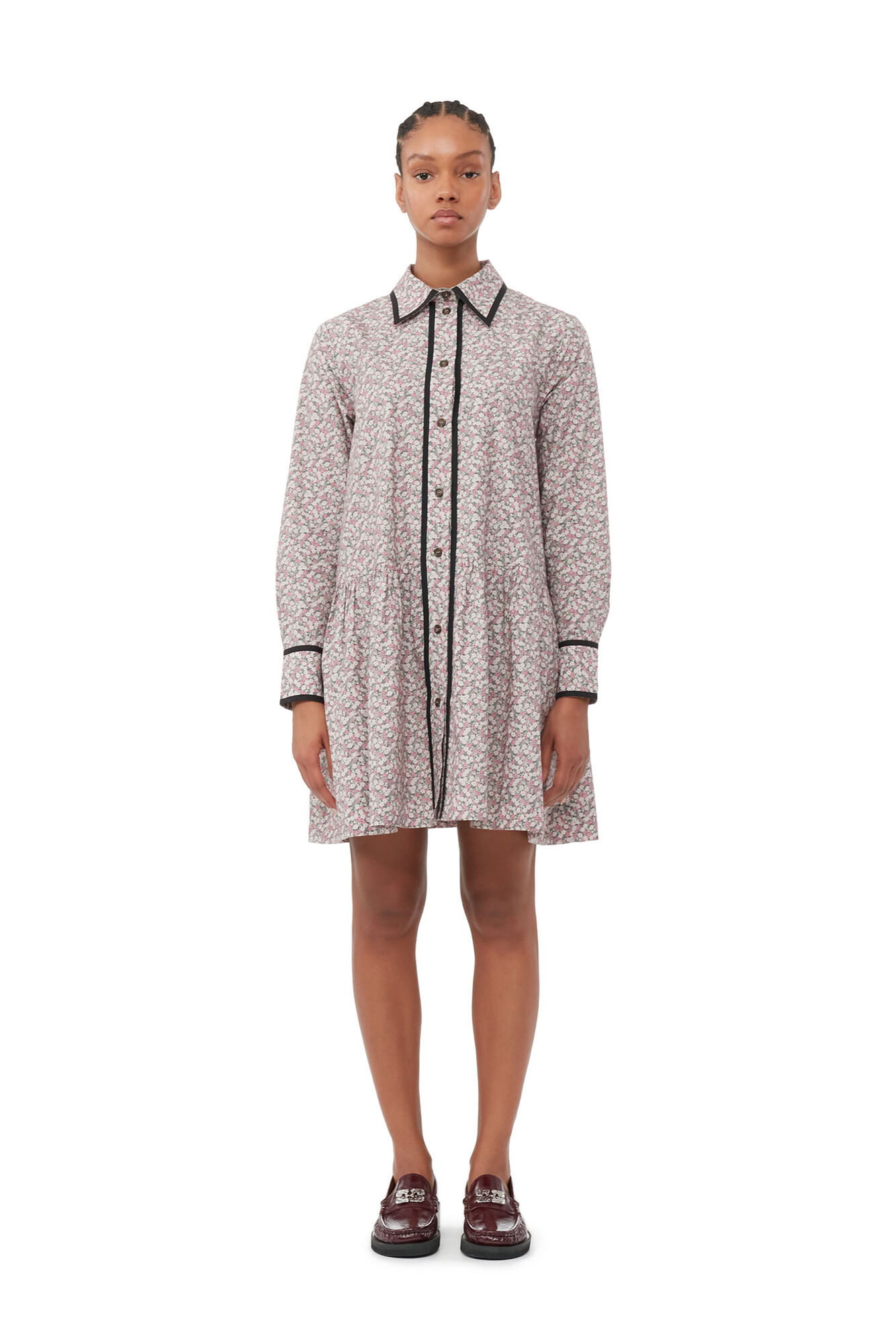 Ganni Printed Cotton Mini Shirt Dress