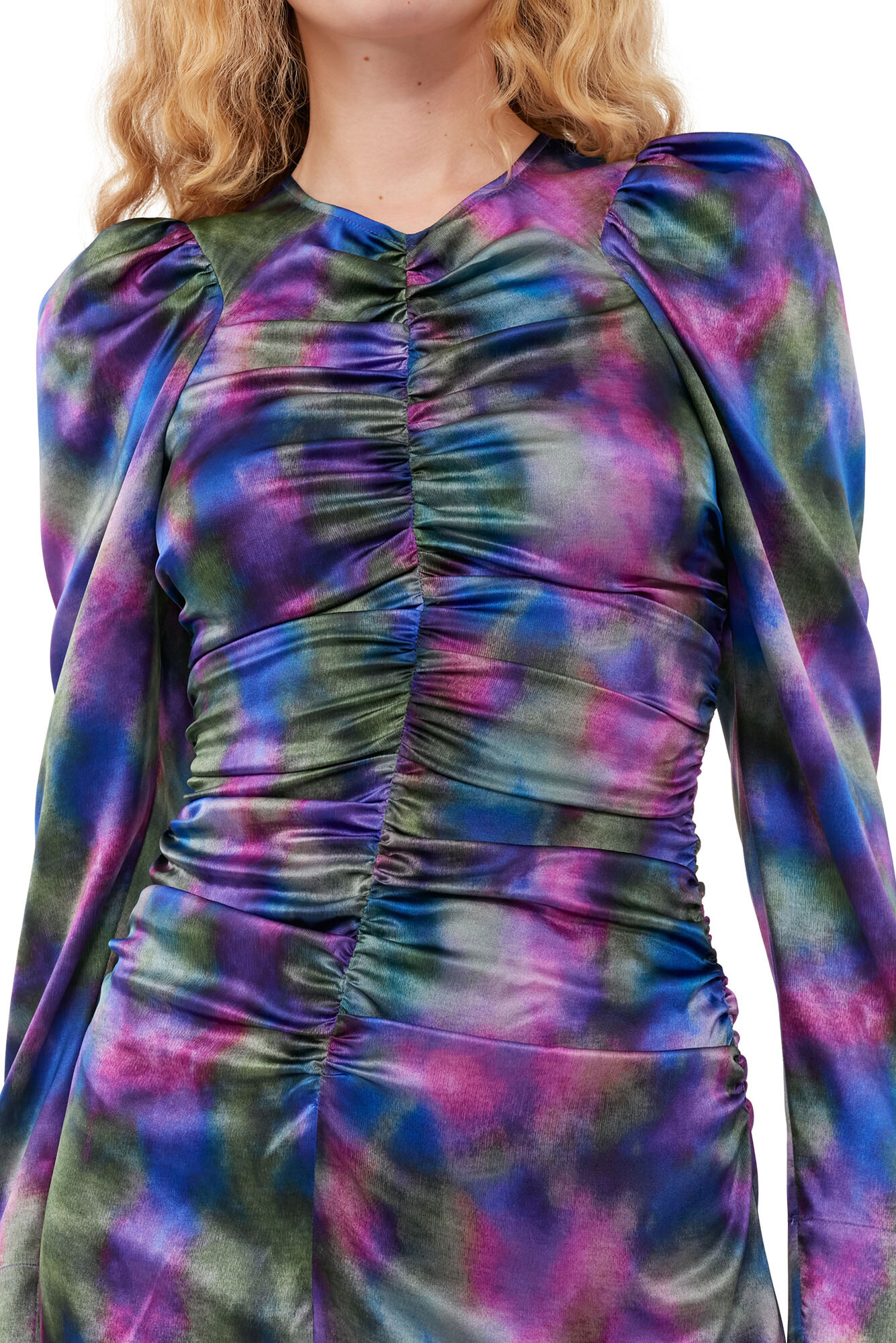 Lila Seidensatin-Midikleid mit O-Ausschnitt, Elastane, in colour Simply Purple - 4 - GANNI