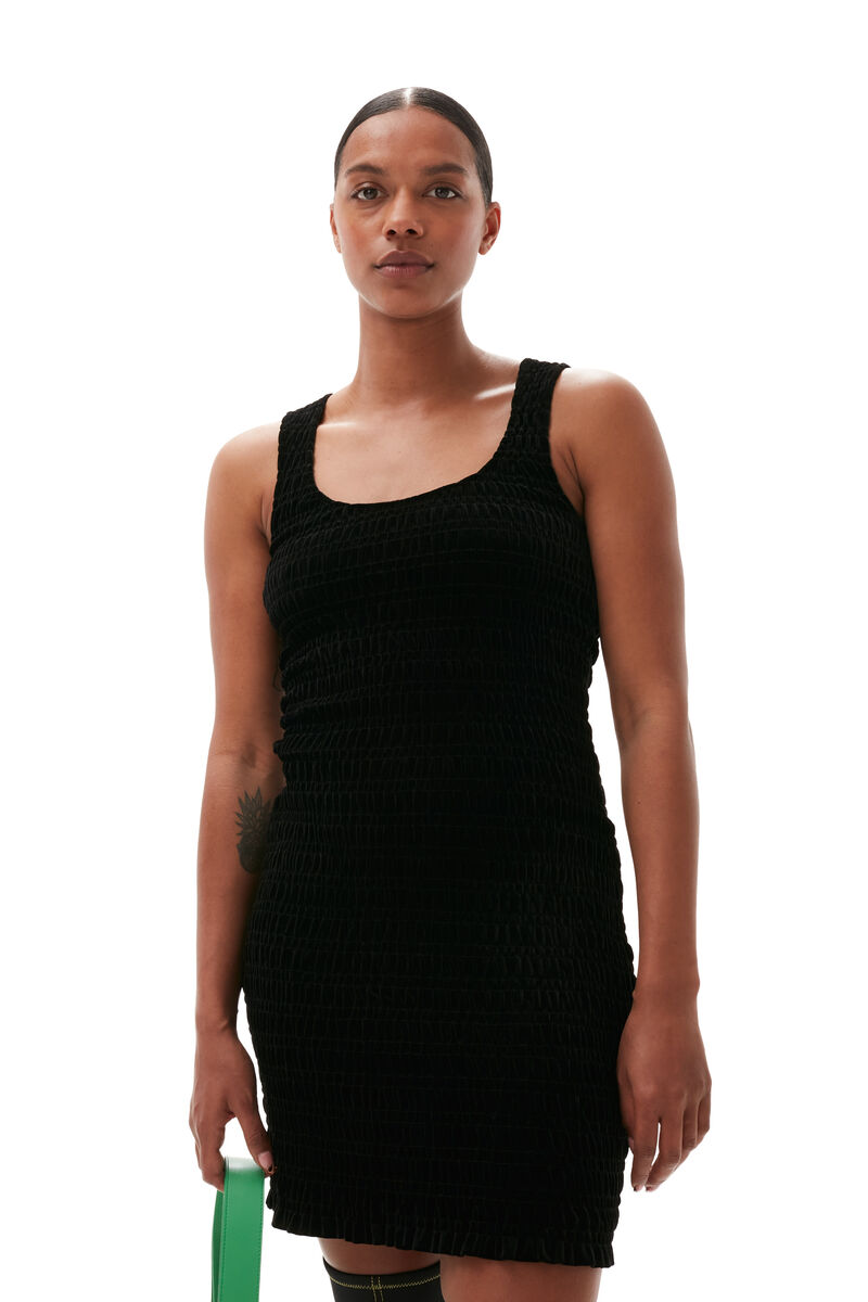 Velvet Smock Mini Dress , in colour Black - 6 - GANNI