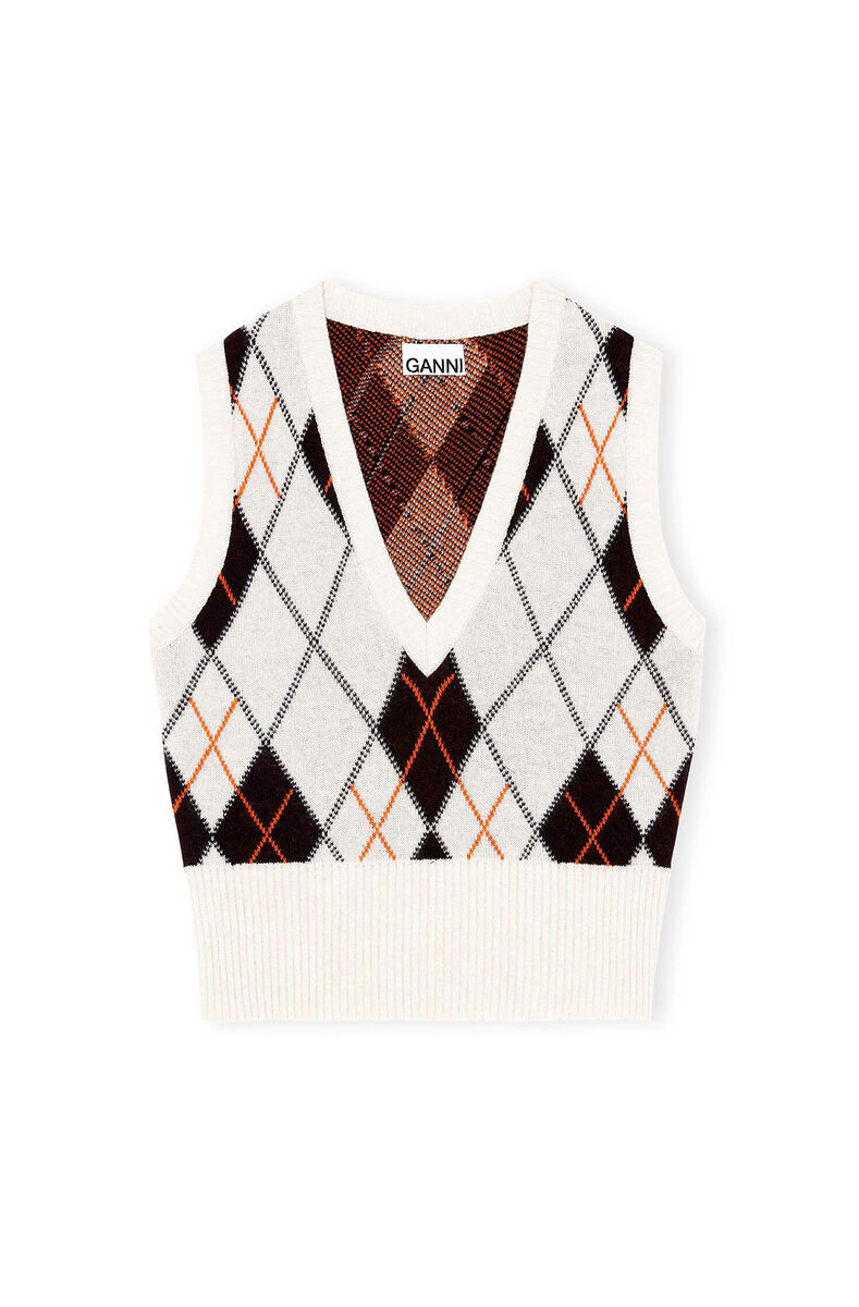 Harlequin Knit V-Neck Vest, Polyamide, in colour Egret - 1 - GANNI