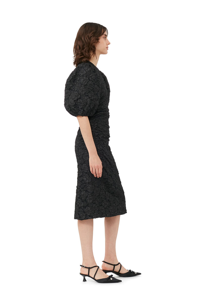 Black Jacquard Puff Sleeves Midi Dress, Polyester, in colour Black - 2 - GANNI