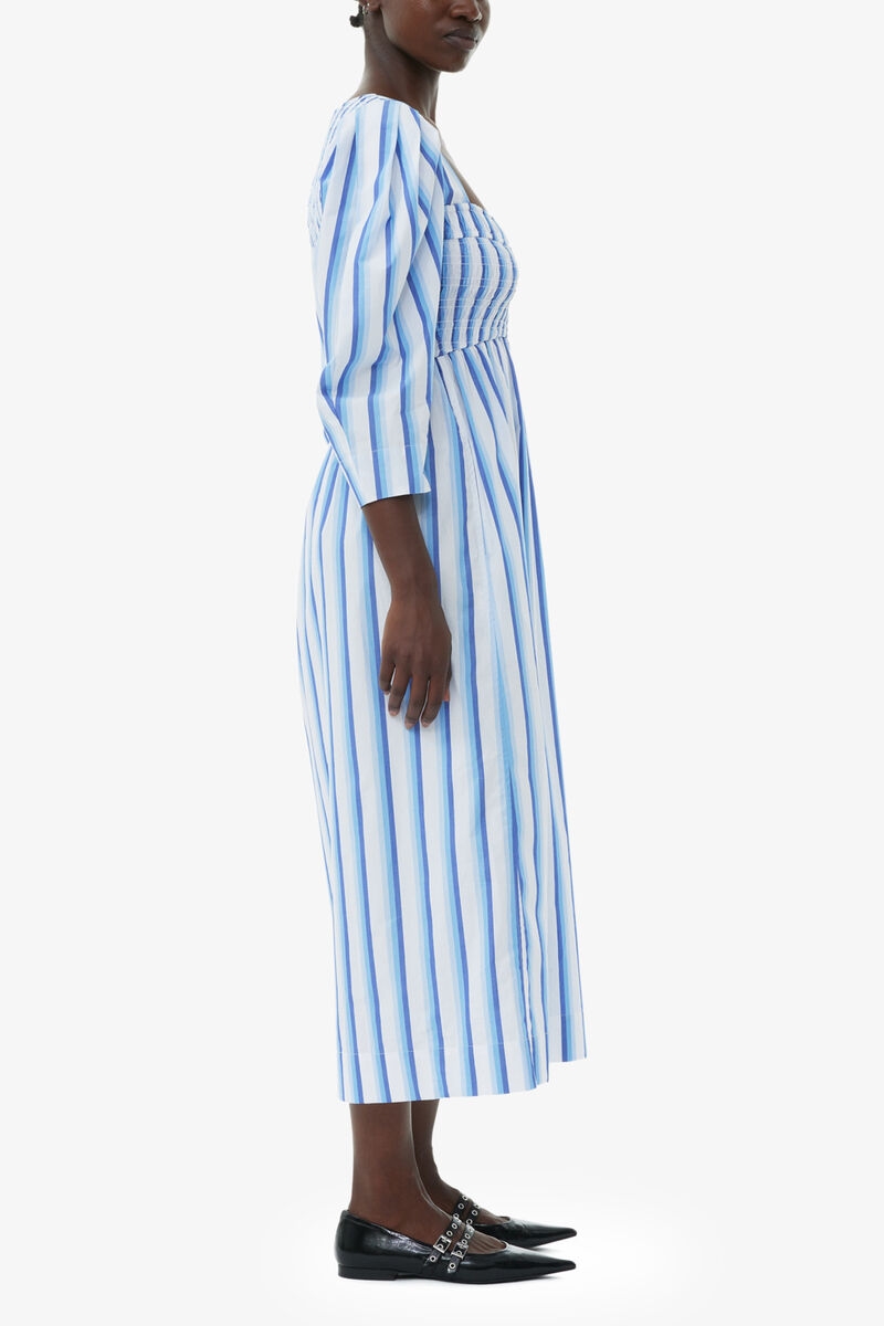 Blue Striped Cotton Smock Long Dress, Organic Cotton, in colour Silver Lake Blue - 3 - GANNI