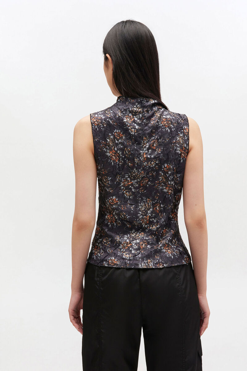 Haut noir à col montant et fleurs, Recycled Polyester, in colour Black - 3 - GANNI