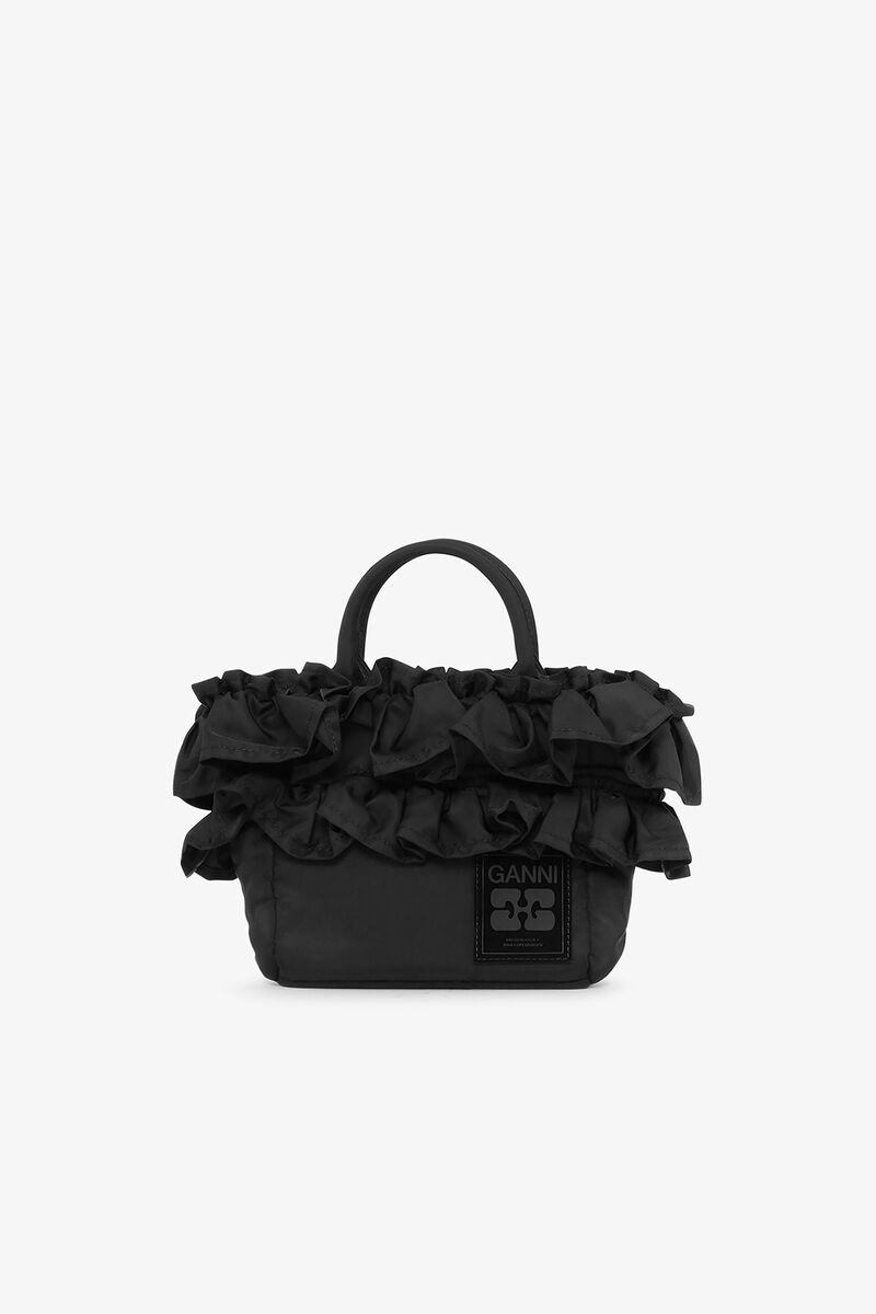 Black Mini Ruffle Tote, Recycled Nylon, in colour Black - 1 - GANNI