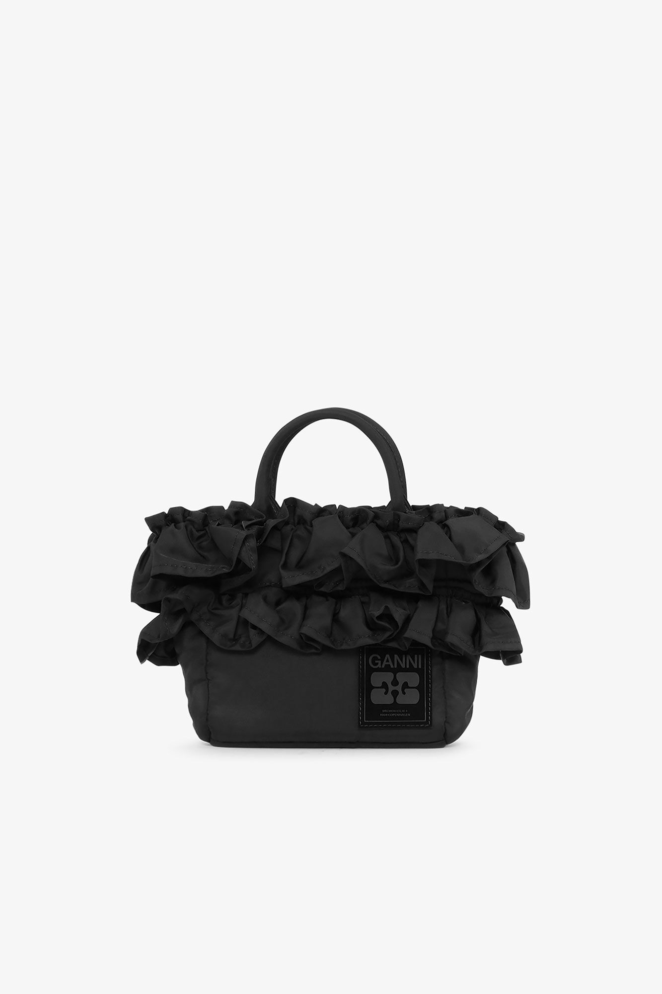 Black Mini Ruffle Tote, Recycled Nylon, in colour Black - 1 - GANNI