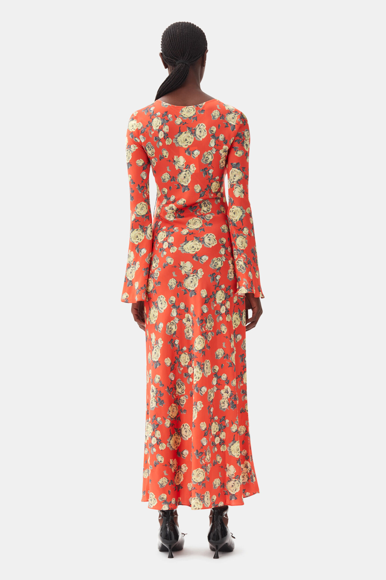 Orange Floral Printed Satin Maxi Dress, Spandex, in colour Poinciana - 4 - GANNI