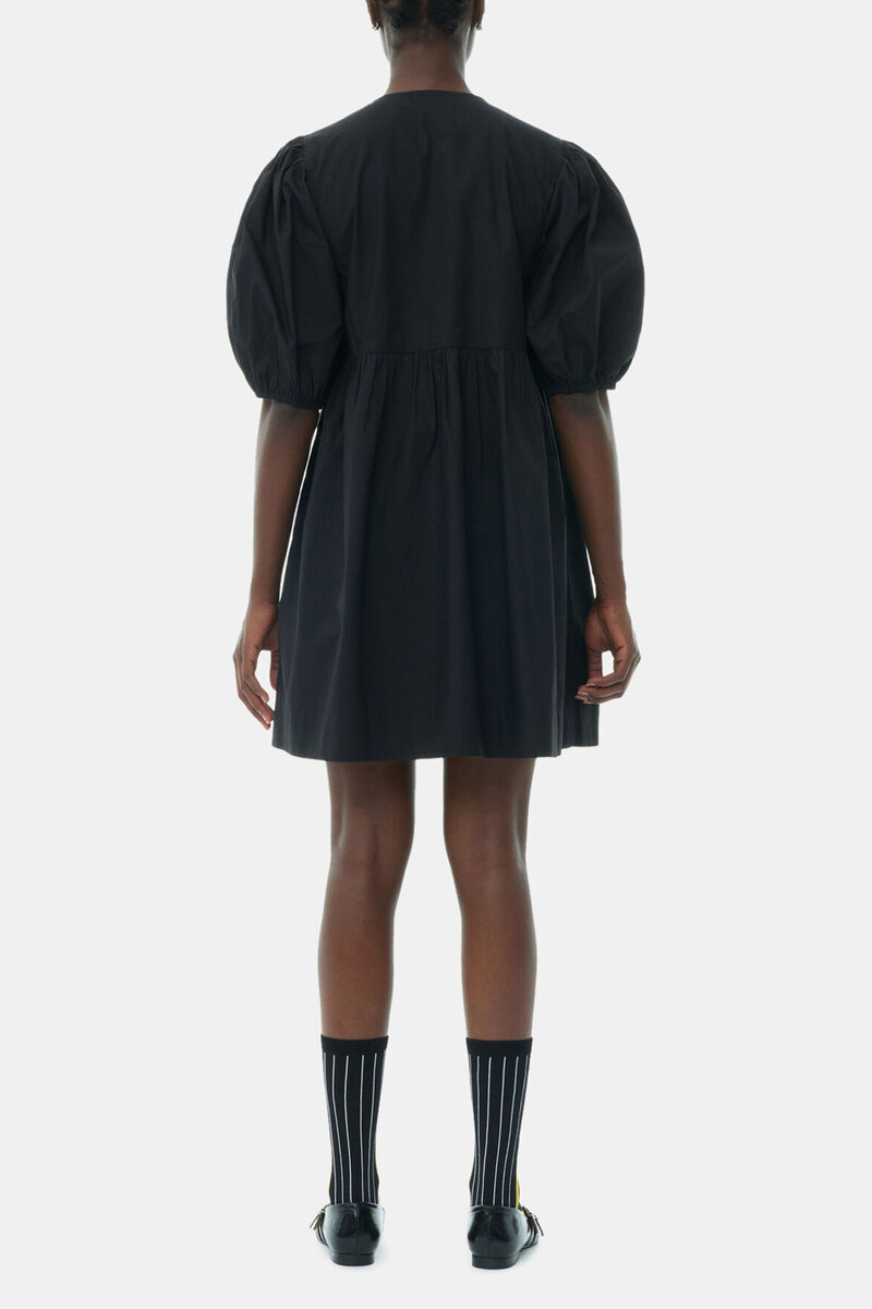 Black Cotton Poplin Tie String Mini Dress, Organic Cotton, in colour Black - 4 - GANNI