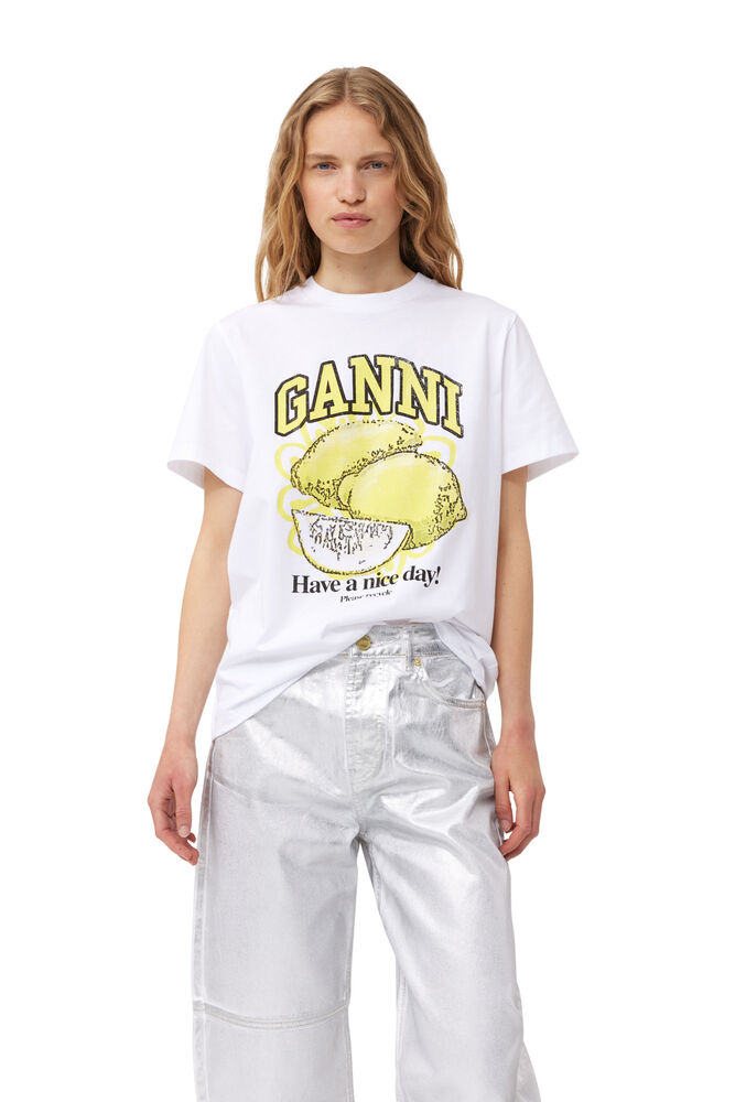 GANNI White Relaxed Lemon T-shirt,Bright White