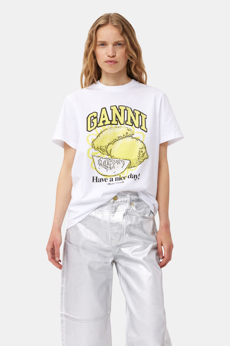 White Relaxed Lemon T-Shirt, Cotton, in colour Bright White - 1 - GANNI