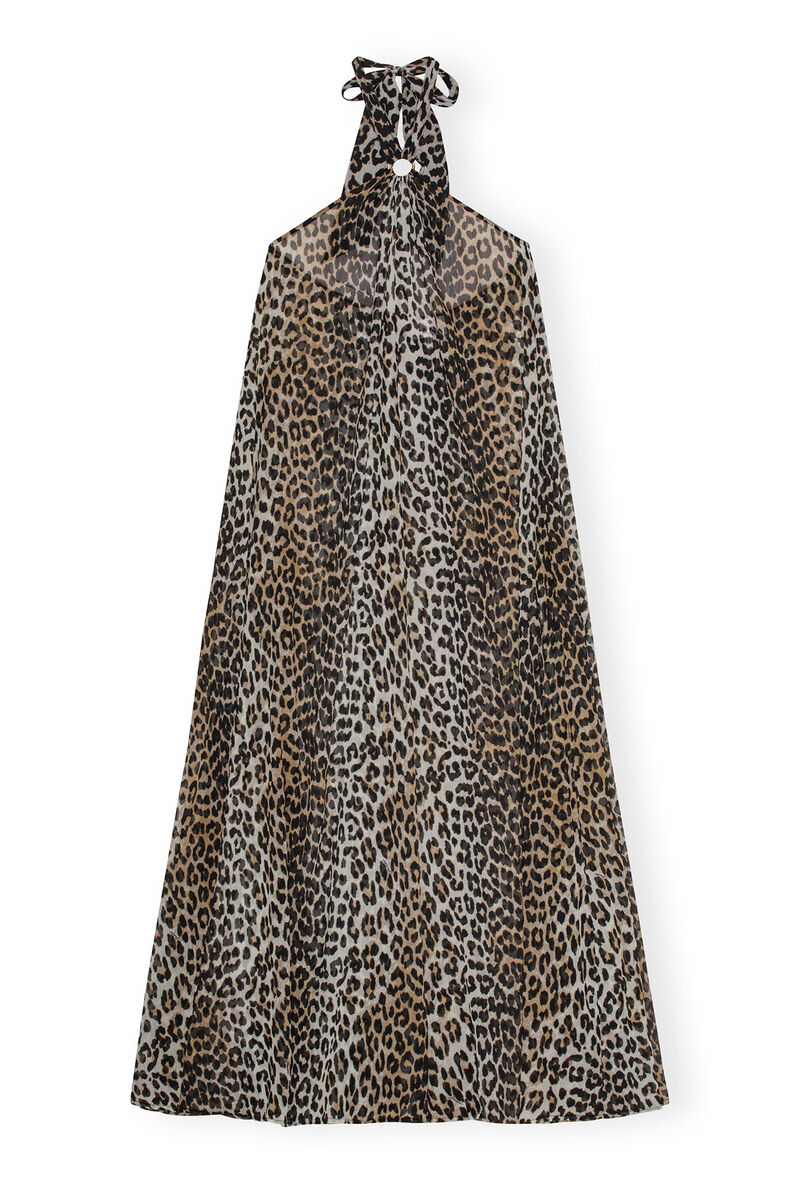 Leopard Printed Light Chiffon Halterneck Long Kjole, Recycled Polyester, in colour Leopard - 1 - GANNI