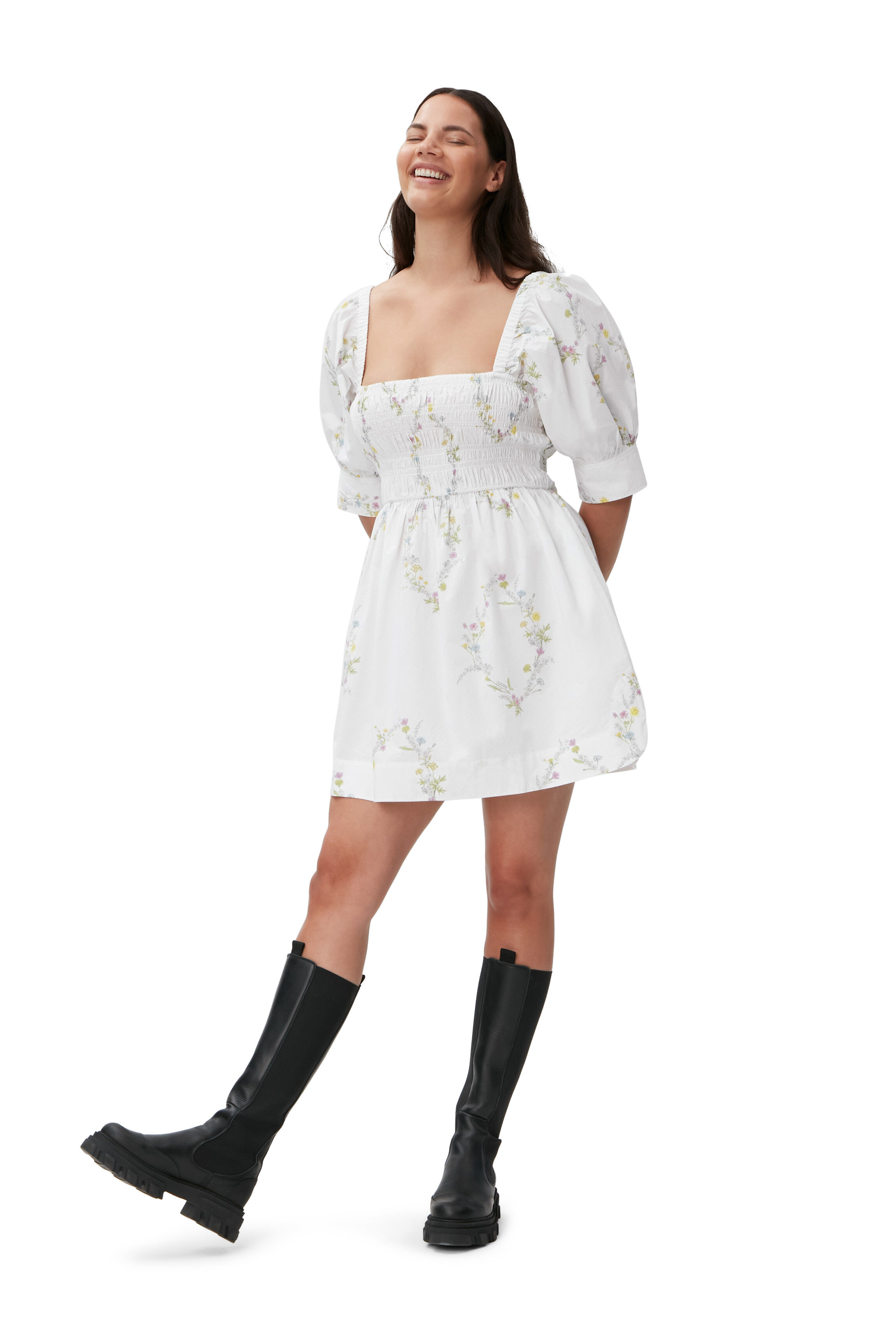 Womens Clothing Dresses Mini and short dresses Natural Ganni Tiered Floral-print Organic Cotton-poplin Mini Dress in White 