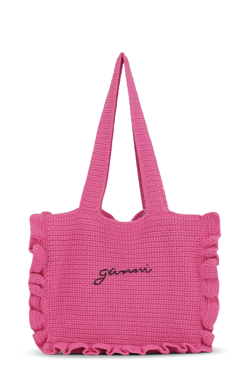 Crochet Frill Tote Solid Bag, in colour Shocking Pink - 1 - GANNI