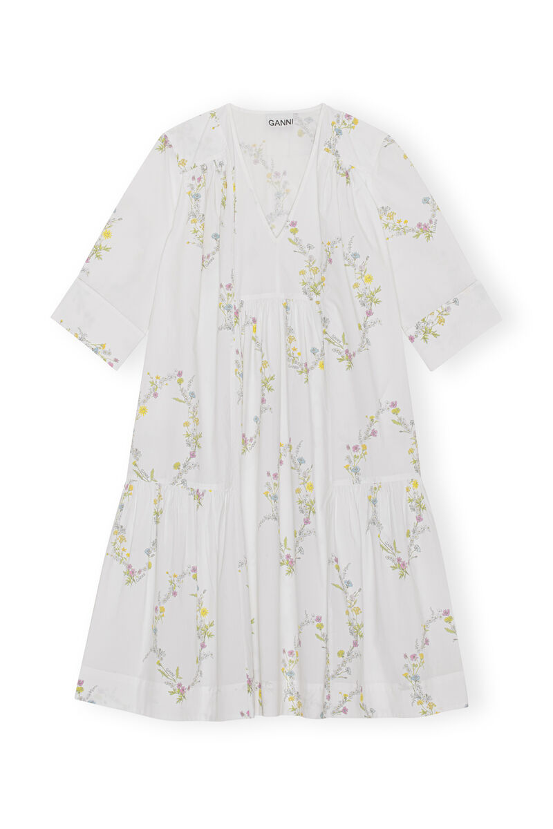 Rynkad miniklänning i poplin, Cotton, in colour Floral Shape Bright White - 1 - GANNI