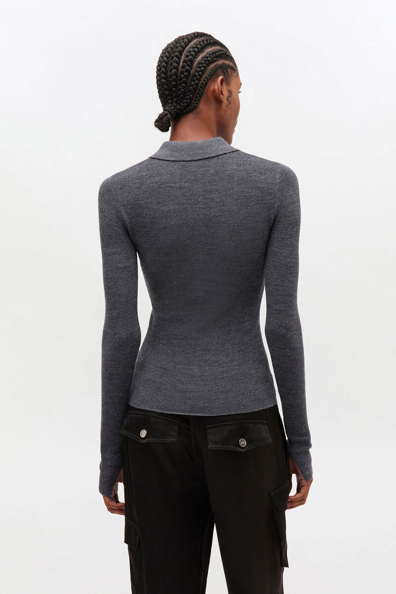 Dark Grey Knitted Polo Shirt, Merino Wool, in colour Paloma - 3 - GANNI