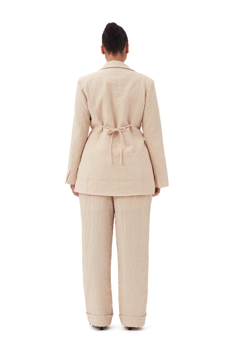 Beige Textured Suiting Mid Waist Bukser, Polyester, in colour Oyster Gray - 7 - GANNI