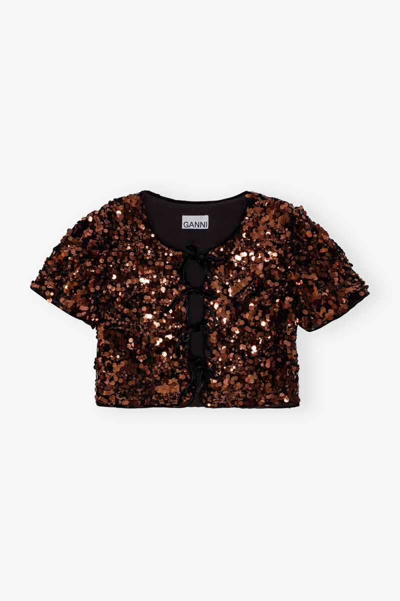 Brown Sequins blus, Polyester, in colour Bitter Chocolate - 1 - GANNI