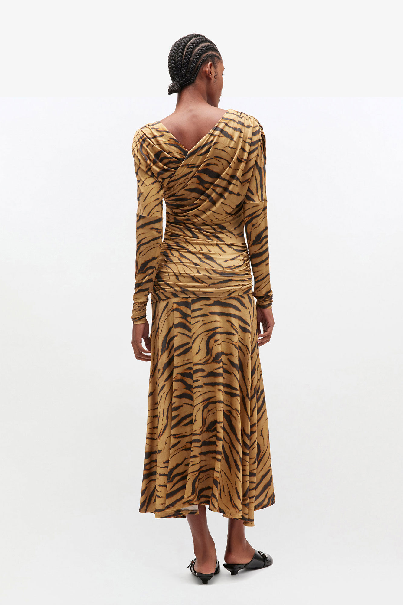 Robe froncée à imprimé tigre, Elastane, in colour Khaki - 2 - GANNI