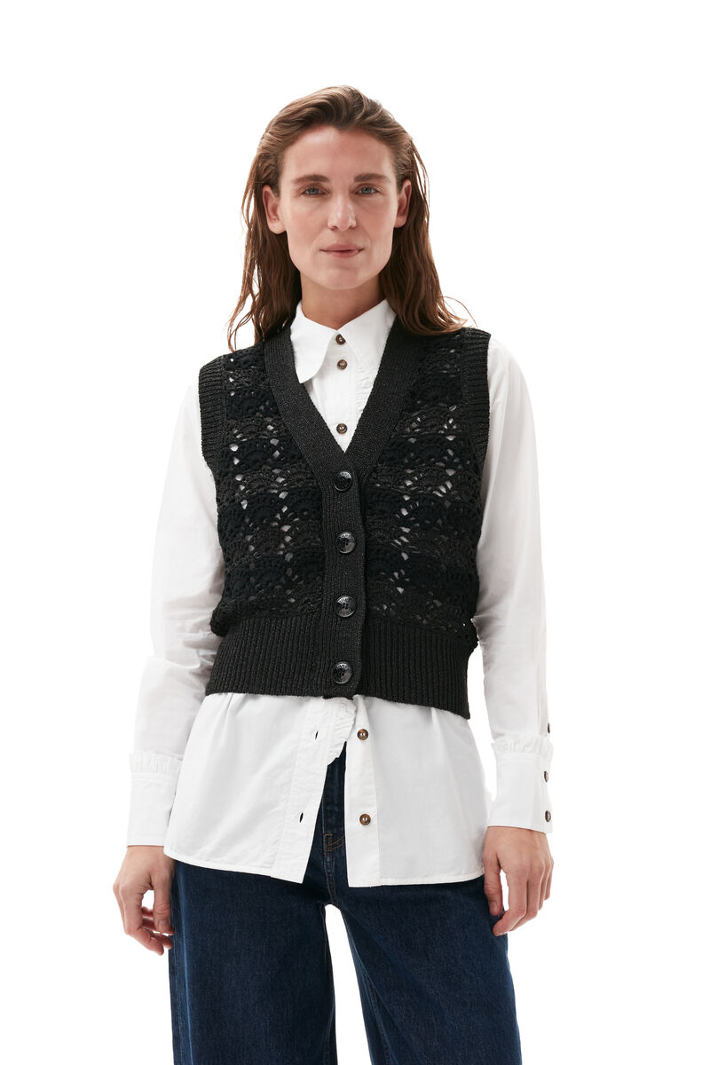 Cropchet V-neck Vest, Nylon, in colour Black - 3 - GANNI