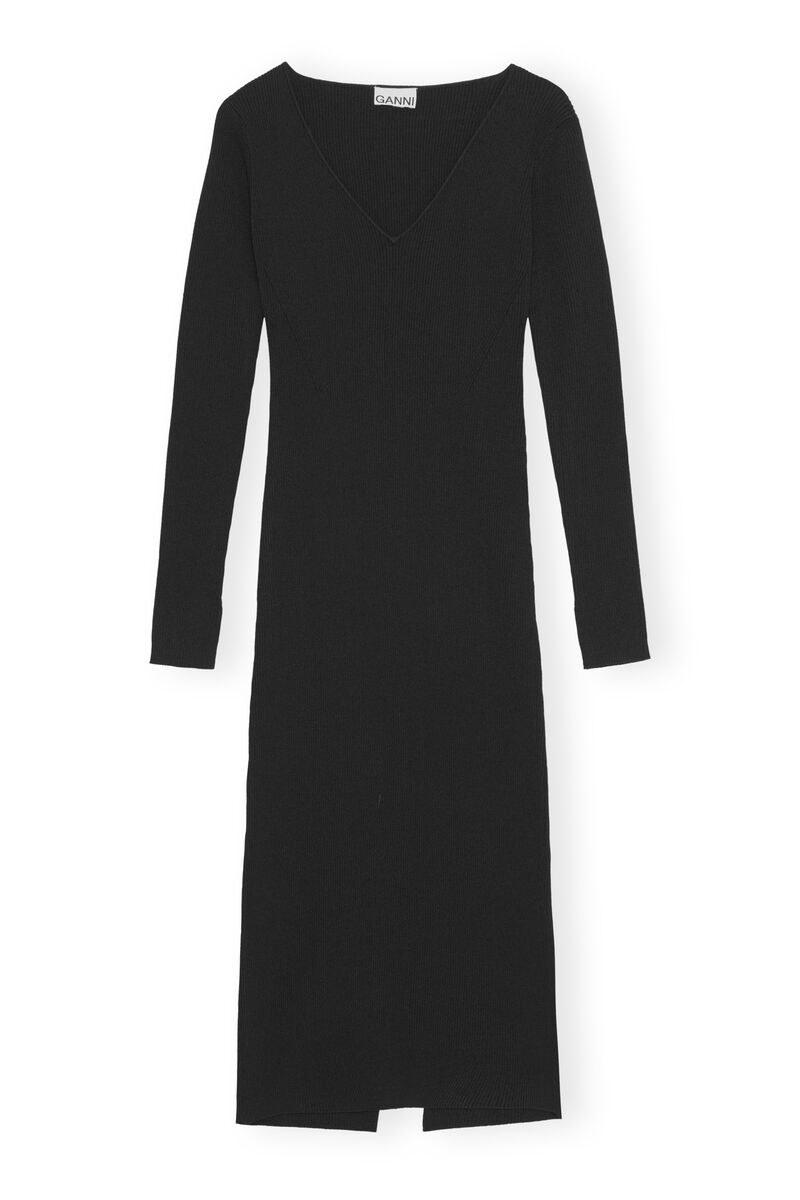 V-neck Midi Dress, Elastane, in colour Black - 1 - GANNI