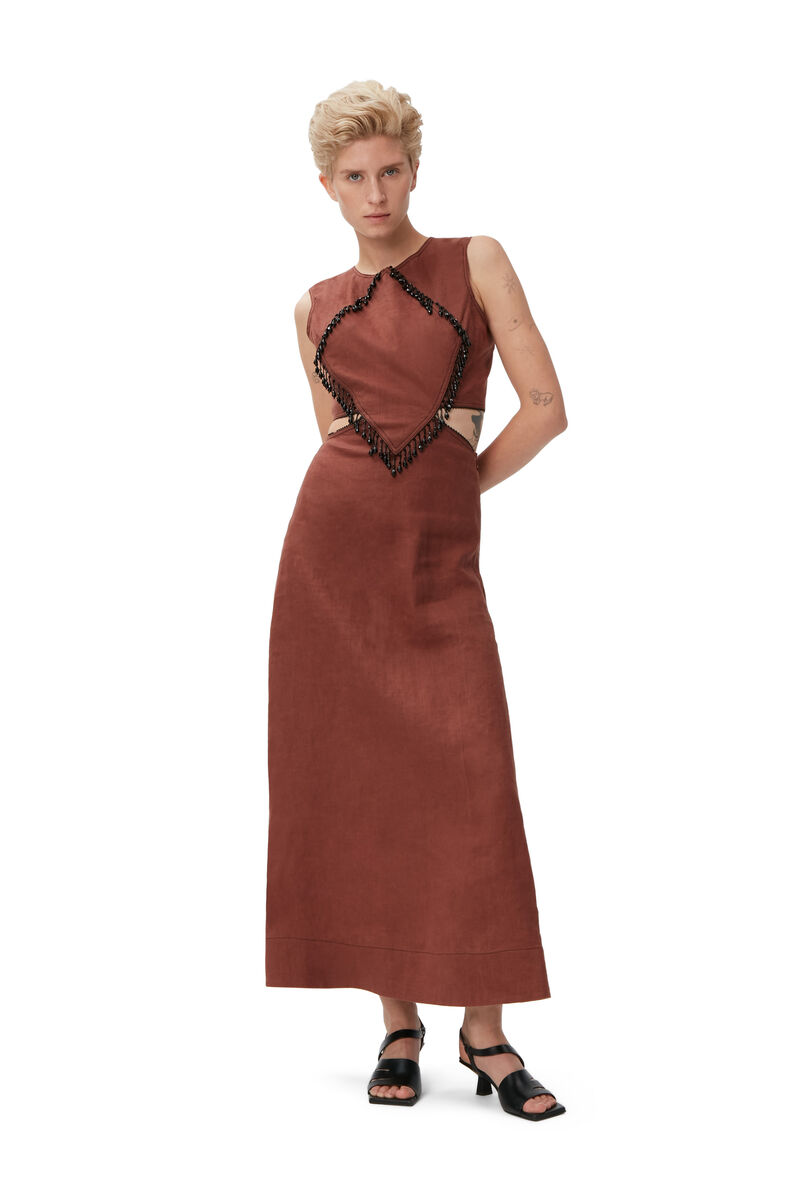 Maxi kjole i 100% hemp med perlerfrynser, Hemp, in colour Root Beer - 4 - GANNI