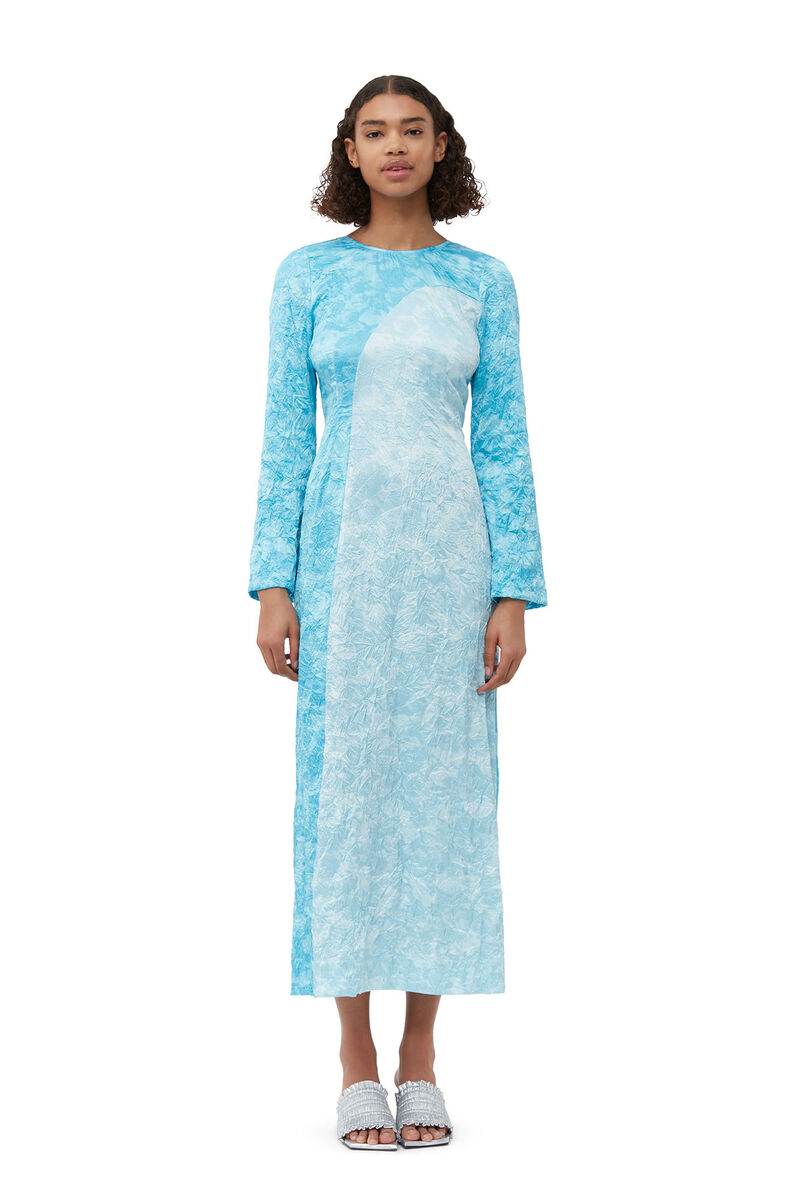 Crinkled Satin Maxi Dress, Elastane, in colour Ethereal Blue - 1 - GANNI