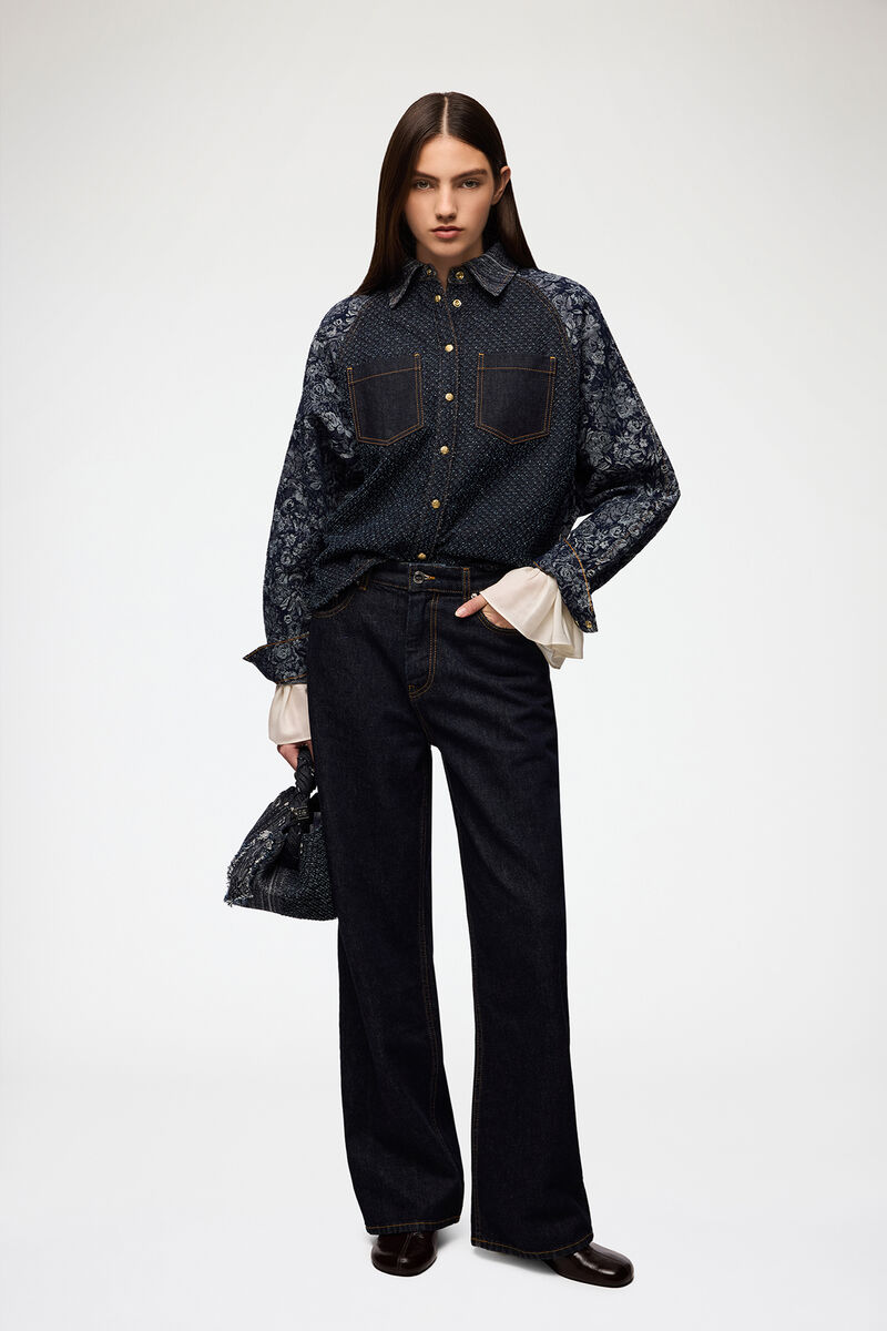 Shirt in Patchwork Denim, Organic Cotton, in colour Rinse - 2 - GANNI