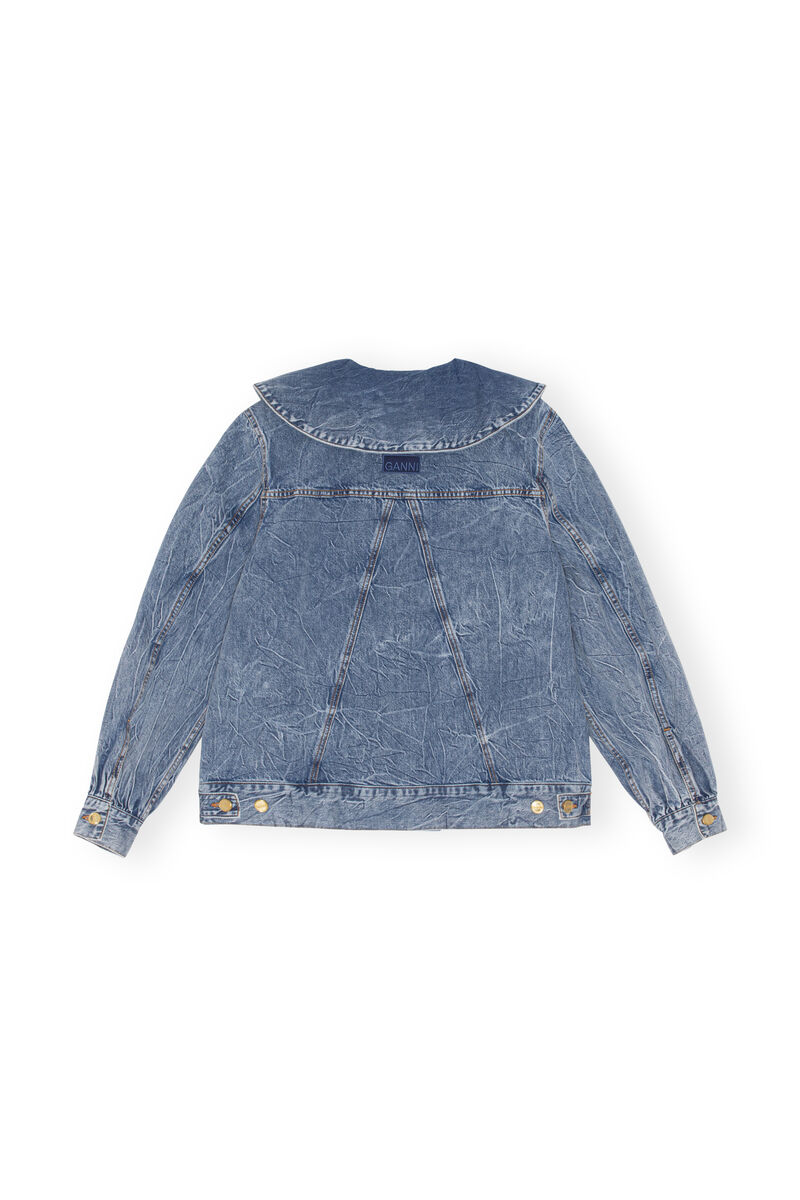 Oversized Crinkle Denim Jacket, Cotton, in colour Mid Blue Stone - 2 - GANNI