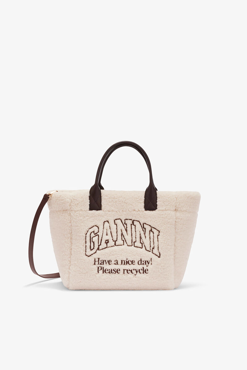 Shearling Small Tote, Polyester, in colour Egret - 1 - GANNI