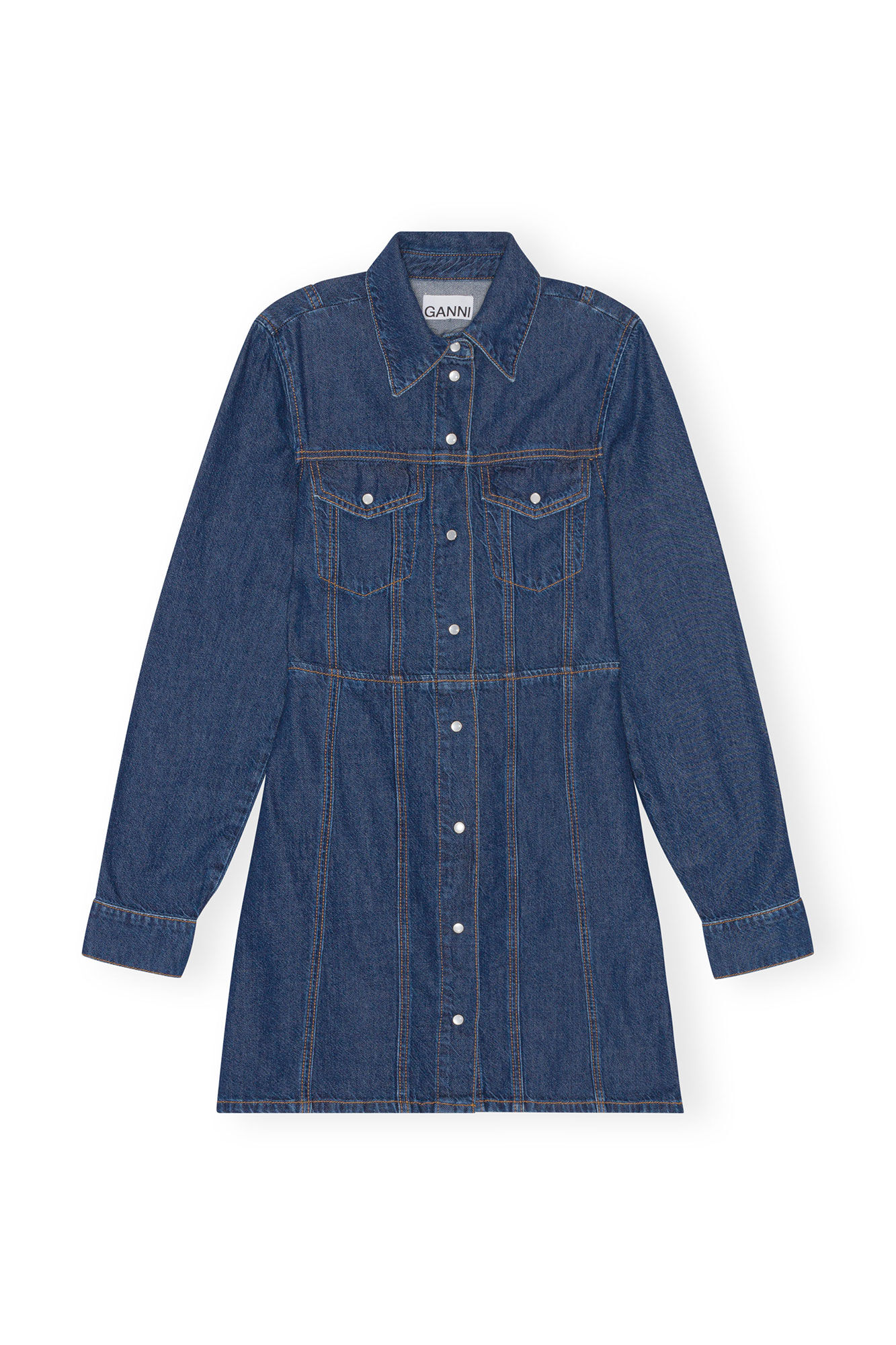 Re-Cut Denim Mini Dress, Lyocell, in colour Mid Blue Stone - 1 - GANNI