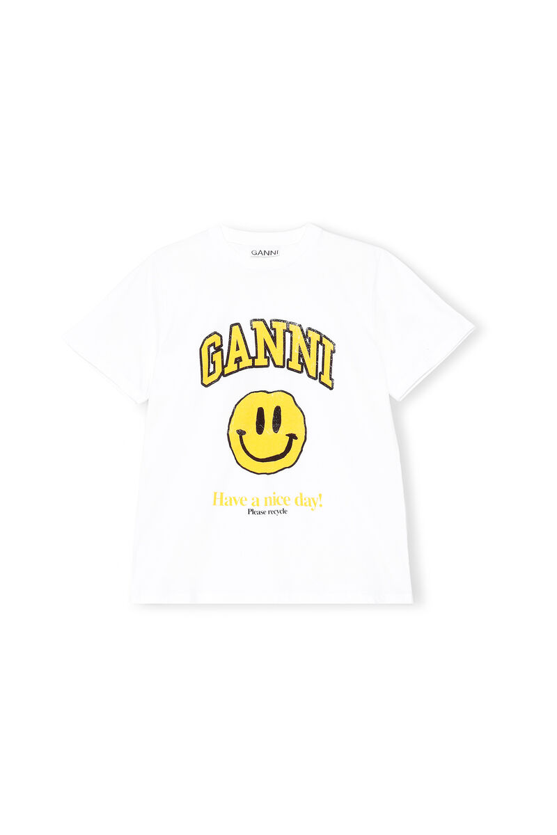 Basic Cotton Jersey T-Shirt, Smiley Yellow, Cotton, in colour Bright White - 1 - GANNI