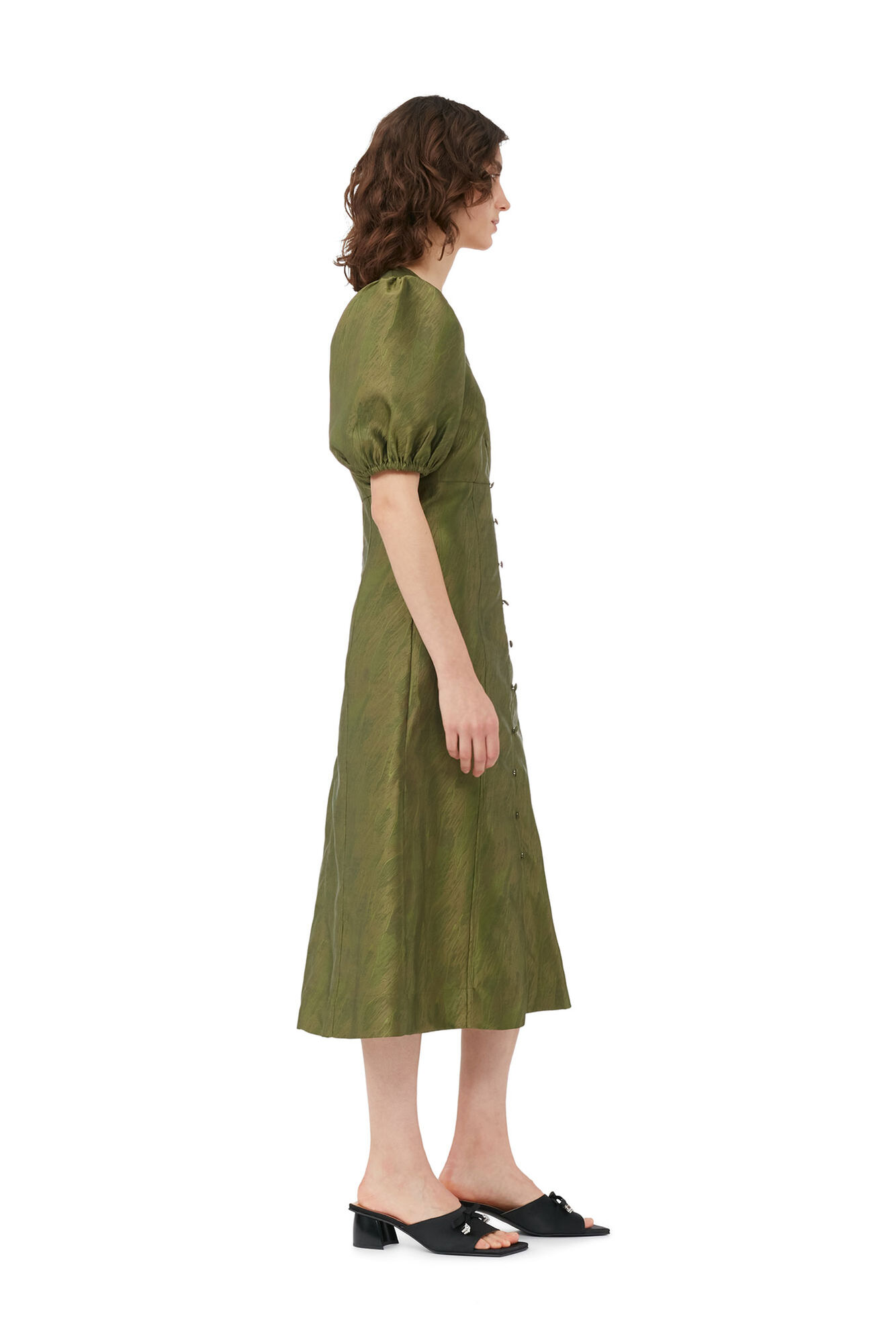 Shiny Jacquard V-neck Midi Dress, Polyester, in colour Avocado - 3 - GANNI