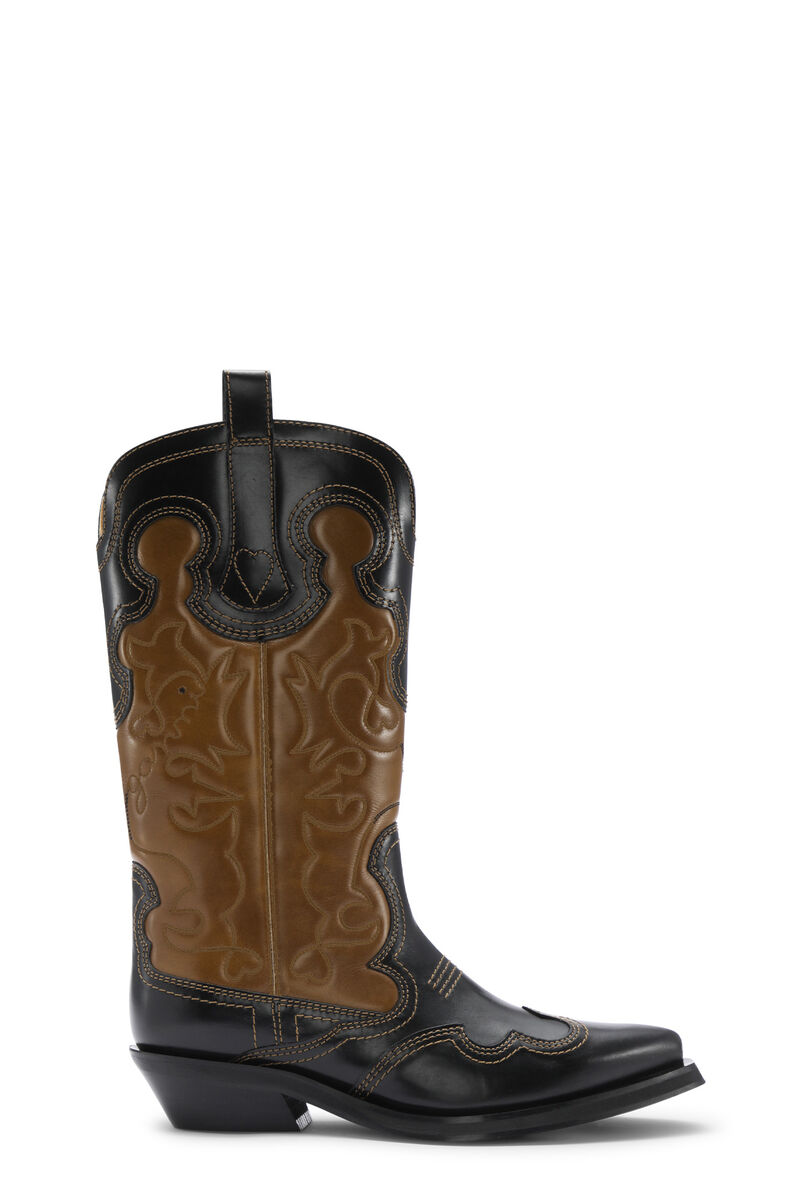 Black/Brown Mid Shaft Embroidered Western Boots, Calf Leather, in colour Tiger's Eye - 1 - GANNI