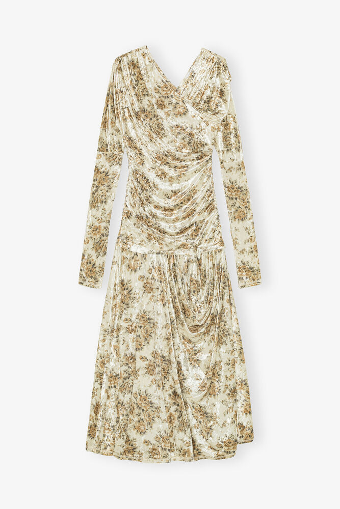 Golden Floral Ruched Dress, Cloud Cream