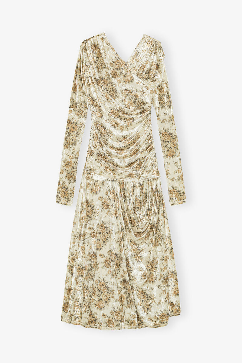 Golden Floral Ruched Dress, Recycled Polyester, in colour Cloud Cream - 1 - GANNI