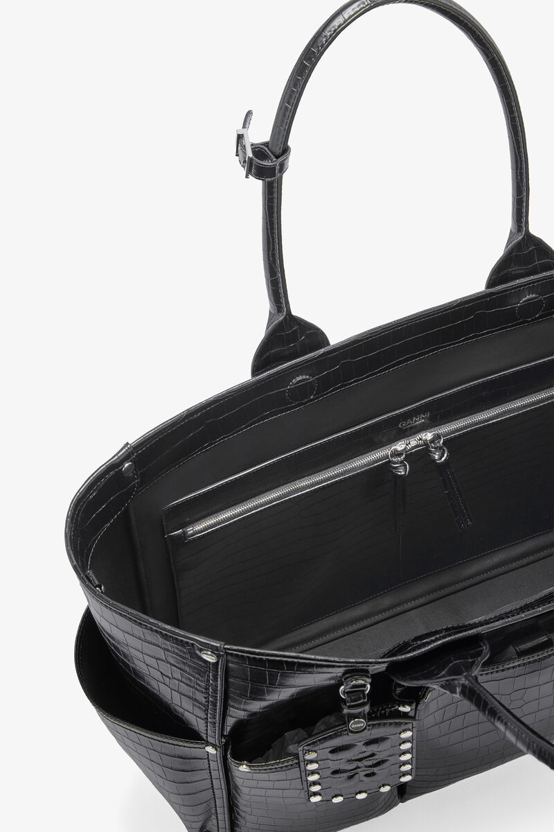 Posy taske i sort croco, Recycled Leather, in colour Black - 3 - GANNI