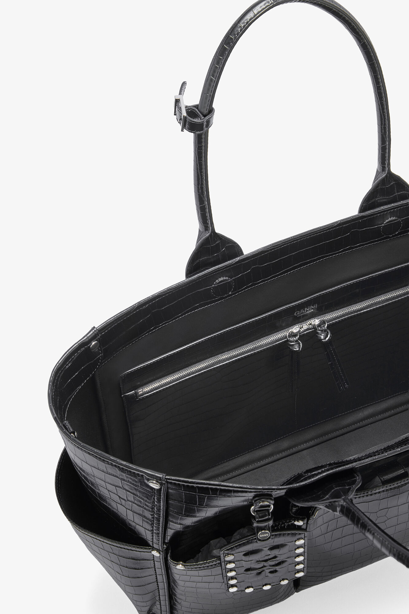 Posy taske i sort croco, Recycled Leather, in colour Black - 3 - GANNI