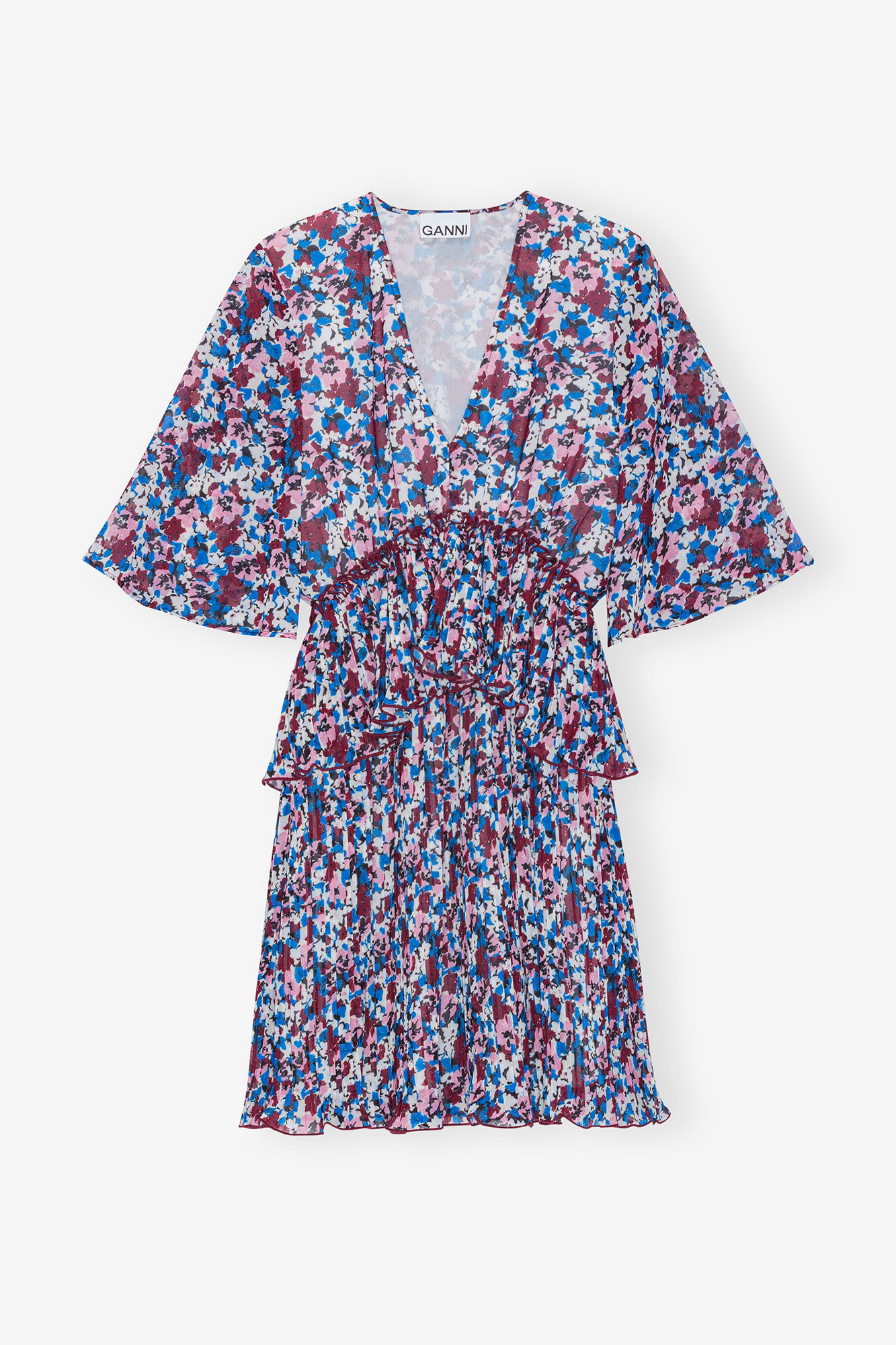GANNI プリーツジョーゼットVネックフリルミニドレス Multicolour Pleated Georgette V-neck Flounce Mini Dress | GANNI AT