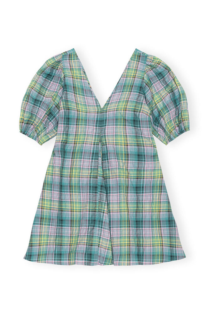 Seersucker Check V-Neck Mini Dress, Lagoon
