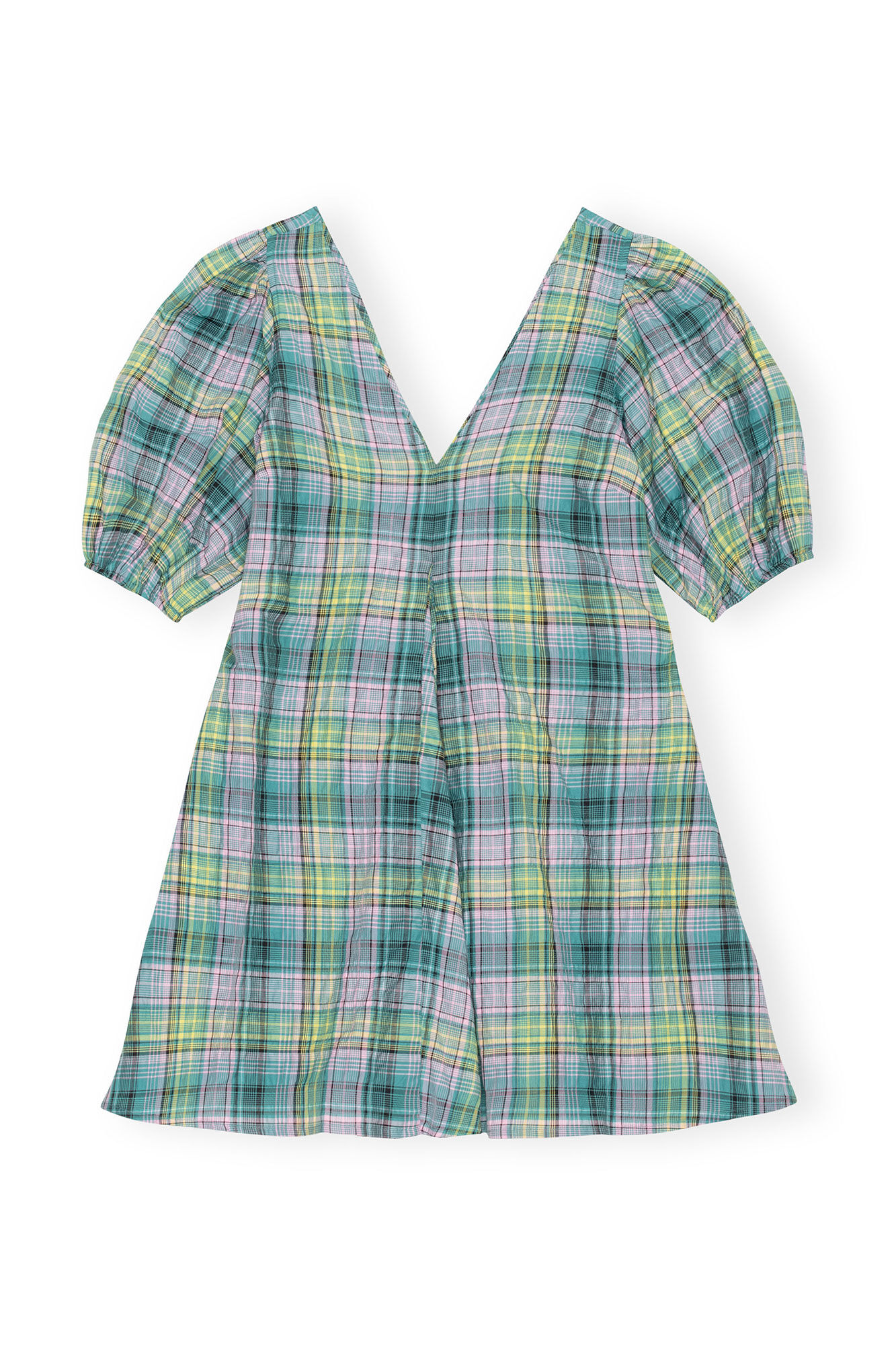 Seersucker Check V-Neck Mini Dress, Organic Cotton, in colour Lagoon - 1 - GANNI