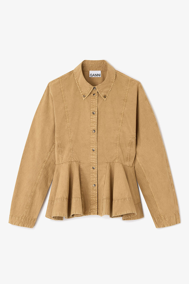 Beige Washed Peplum Shirt, Elastane, in colour Lark - 1 - GANNI