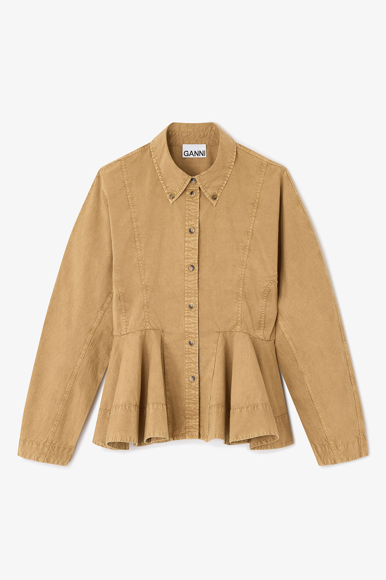 Beige Washed Peplum Shirt, Elastane, in colour Lark - 1 - GANNI