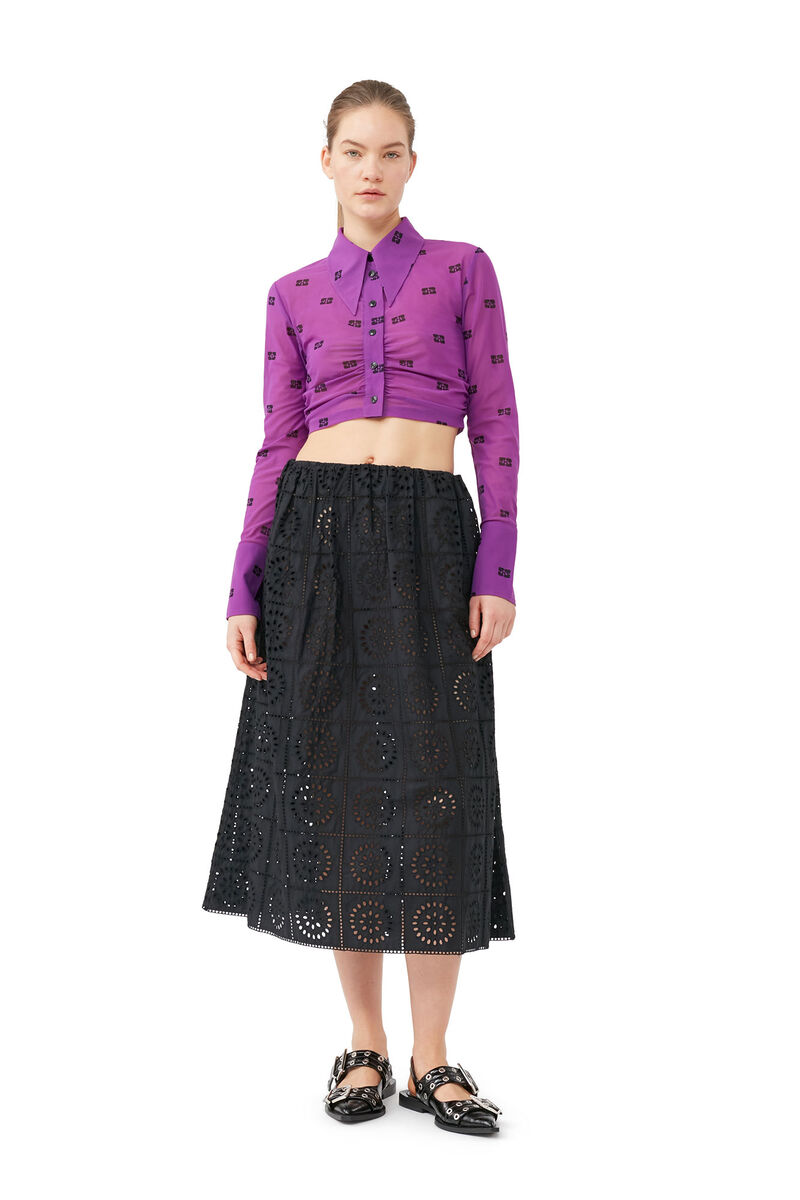 Printed Mesh Cropped Ruched Shirt, Elastane, in colour Sparkling Grape - 1 - GANNI