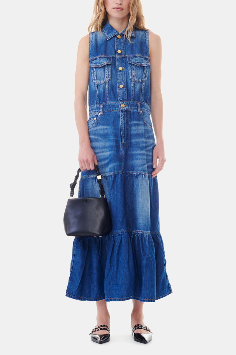 Blue Denim Long Dress, Organic Cotton, in colour Mid Blue Vintage - 1 - GANNI