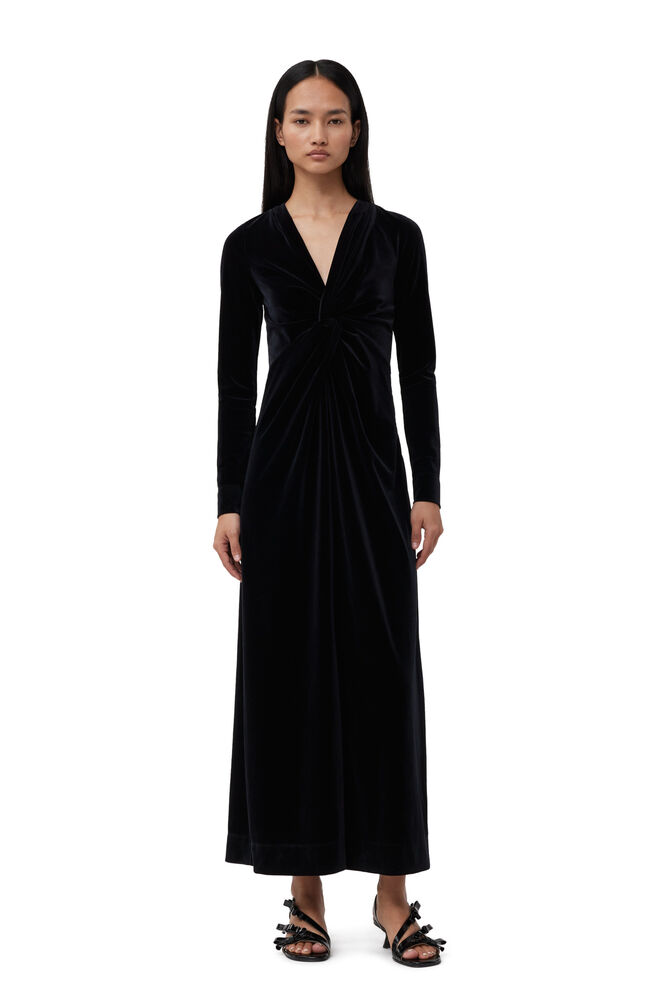 GANNI Black Velvet Jersey Twist Long Dress