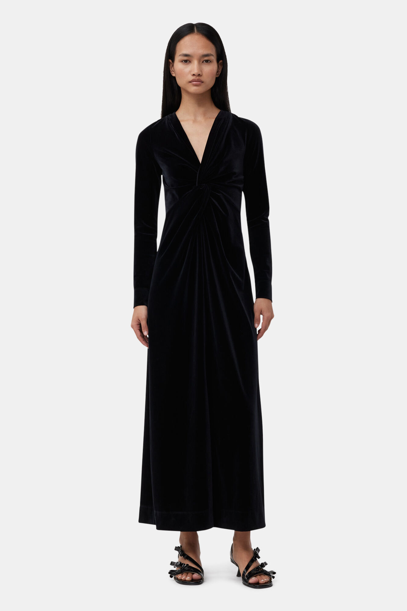 Ganni Black Velvet Jersey Twist Long Dress