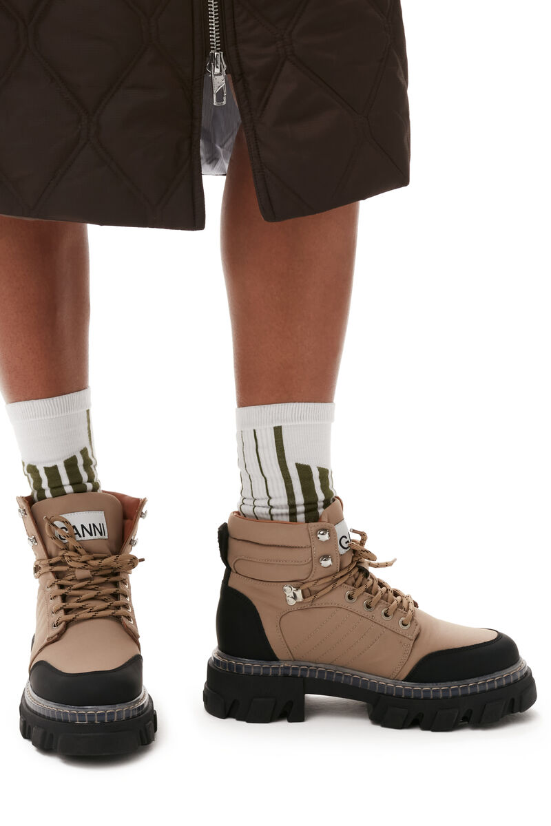 Cleated Lace Up Hiking Boots, Recycled Polyamide, in colour Tiger's Eye - 4 - GANNI