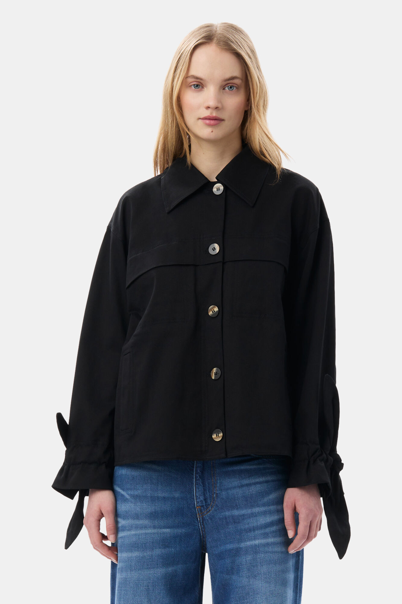 Black Herringbone Canvas jacka, Elastane, in colour Black - 1 - GANNI