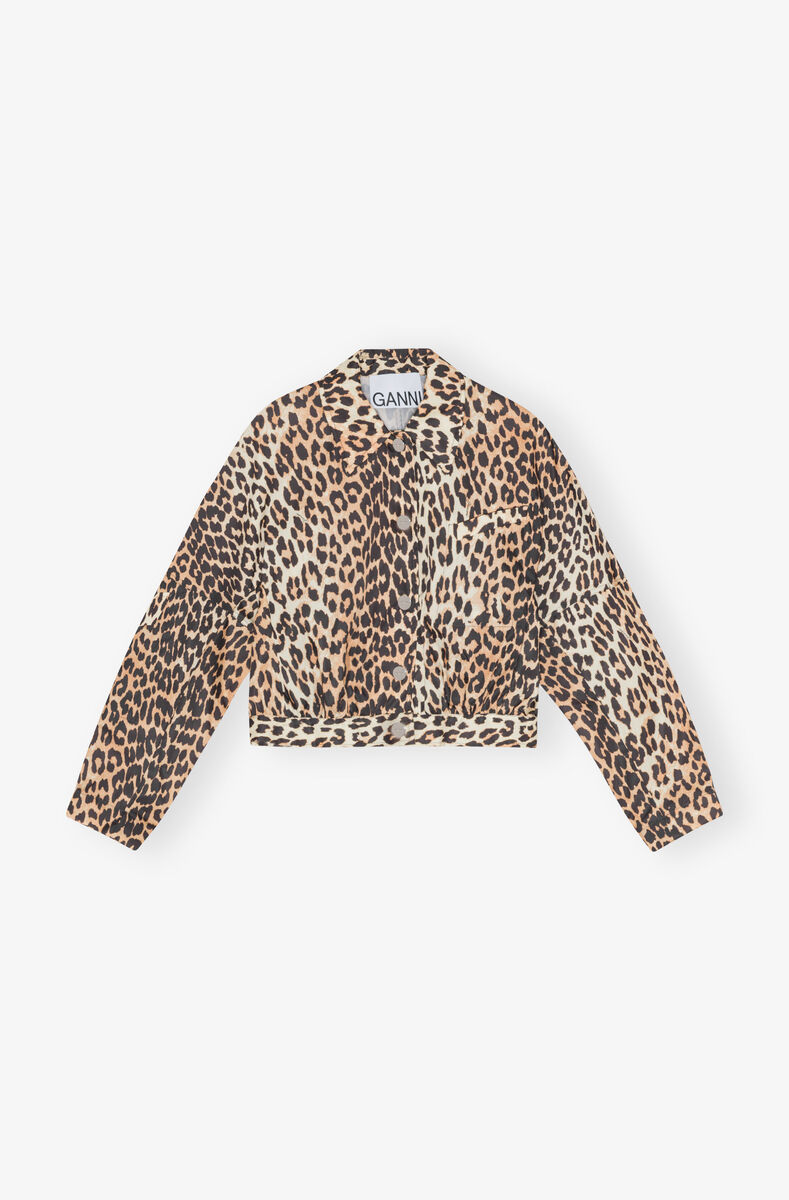 Leopard Duchesse Nylon Cropped Jacket, Nylon, in colour Leopard - 1 - GANNI
