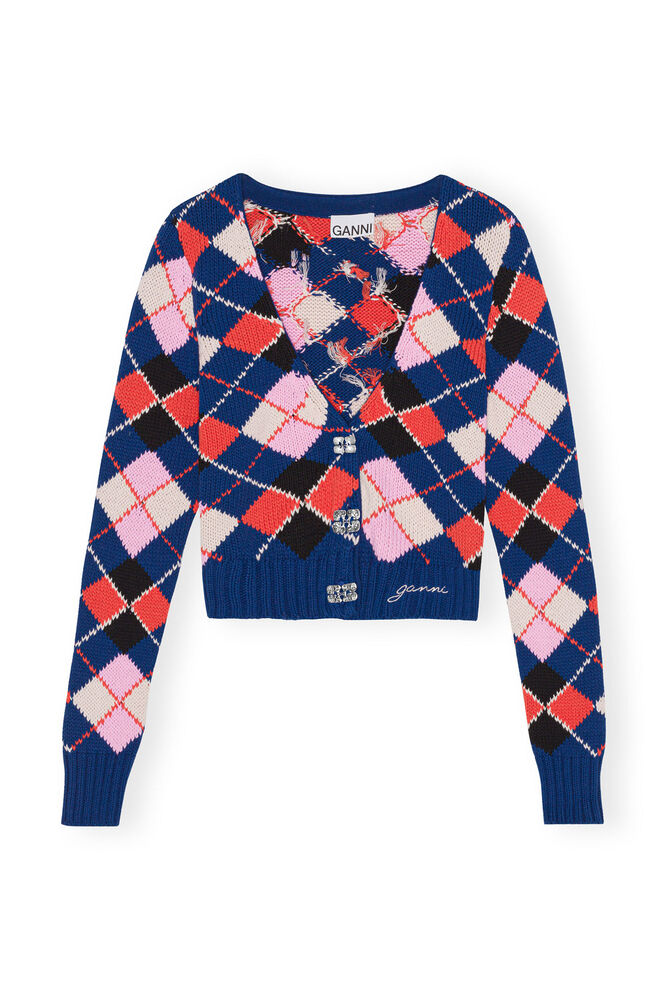 Graphic Cotton V-neck Cardigan, Sodalite Blue
