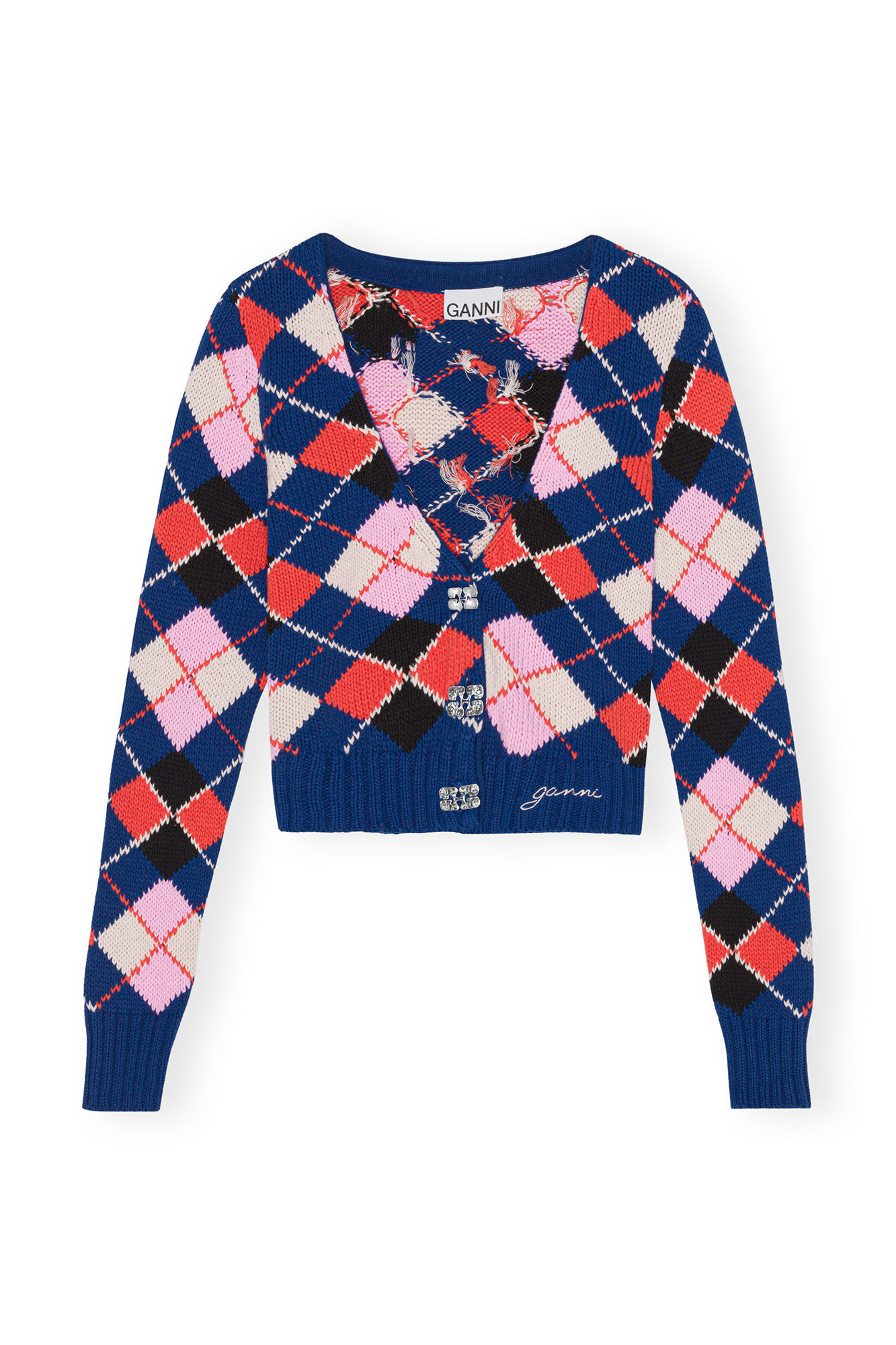 Graphic Cotton V-neck Cardigan, Cotton, in colour Sodalite Blue - 1 - GANNI